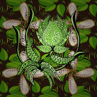 Renkli Mandala üzerinde yeşil, kahverengi ve siyah baqckground. Yuvarlak süsleme iç içe dalları, çiçek ve bukleler. Arabesk. Vektör dairesel soyut mandalalar desen.