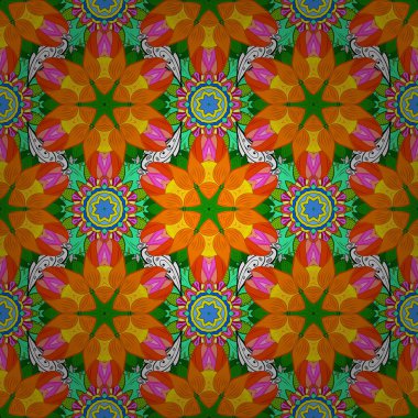 Tibet yoga için sanat çiçek desenle. Bohem dekoratif unsur, Hint kına tasarım, vektör süsleme. Mandala, turuncu, yeşil ve sarı renkler bir madalyon ile kabile vintage kroki