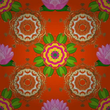 Olağandışı çiçek şekli oryantal hattı. Anahat Mandala turuncu, yeşil ve kahverengi renkleri üzerinde vektör. Anti-stres terapisi desen. Tasarım öğesi örgü. Yoga logo, arka plan için meditasyon poster.