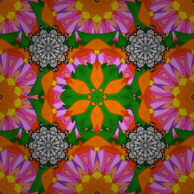 Turuncu, pembe ve yeşil renkler. Renkli öğeleri. Soyut vektör dekoratif etnik mandala yarım yamalak seamless modeli.