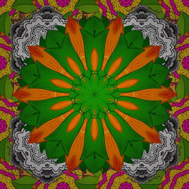 Vektör çiçek düğün dekoratif öğeler. Dikişsiz desen mehndi çiçek dantel buta dekorasyon öğeleri yeşil, turuncu ve beyaz renkler.