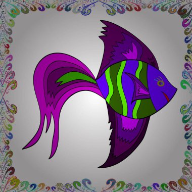 Balıklar beyaz, mor ve yeşil. Dekoratif süs. Balık ile Seamless modeli. Soyut vektör çizim. Vektör çizim. Yinelenen ve kurucu elemanları değişen renkli görüntü.