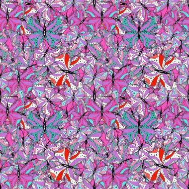 Karalamak, kroki, doodle. Ekose kelebek tekstil baskı için. Vektör çizim. Seamless modeli. Resimde mor, beyaz ve pembe renkler.