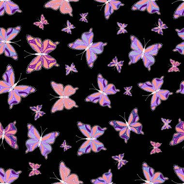 Tekstil, sketchs, web sayfası arka planlar, yüzey dokuları için mükemmel. Vektör çizim. Siyah, pembe ve mor renkler renkli kelebeklerin sorunsuz arka plan.