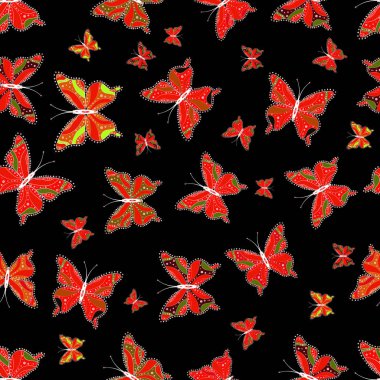 Bahar ve yaz tropikal kelebek seamless modeli siyah, beyaz ve kırmızı renklerde. Kelebek gölgeler ve siluetleri. Vektör çizim. Kumaş, kağıt, ambalaj için uygundur..