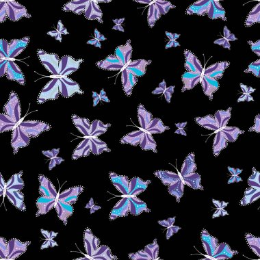 Fantezi illüstrasyon. Moda şirin kumaş tasarımı. Tarafsız, siyah ve mor renkler çizimde. Vektör çizim. Güzel moda model kelebekler ile.