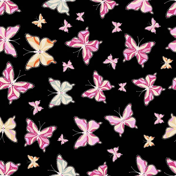 Fondo Sin Costuras Mariposas Colores Lindas Mariposas Beige Negro Rosa — Vector de stock