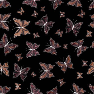 Vektör çizim. Moda güzel kumaş tasarımı. Dekoratif elle çizilmiş kelebekler. Siyah, kahverengi ve beyaz renkler resim.