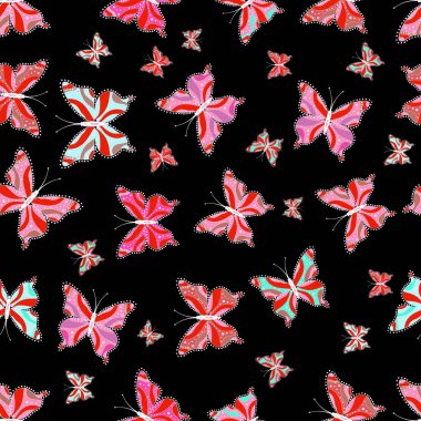 Vektör. Çocuk kelebek seamless modeli. Kağıt, kumaş, sarmalayıcıları ve kroki tasarımı için şirin arka plan. Siyah, pembe ve kırmızı renkler sanat kelebekler.