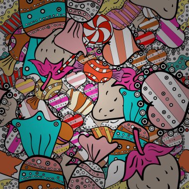 Çikolatalı Doğum günü tatlı kek illüstrasyon. Sorunsuz lezzetli çörekler ve muffins beyaz, siyah ve pembe çizgi film vektör.