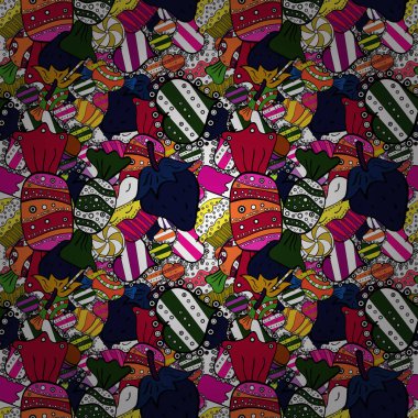 Top kek tatlar resimde beyaz, gri ve siyah doodle. Vektör çizim. Hamur işi. Sorunsuz elle çizilmiş vintage tarzı kek ve kurabiye.