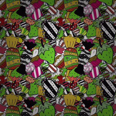 Vektör çizim. Tatlı kek deseni ile Seamless modeli. Güzel Doğum günü yeşil, beyaz ve siyah arka plan. Tatlılar arka plan tasarım.