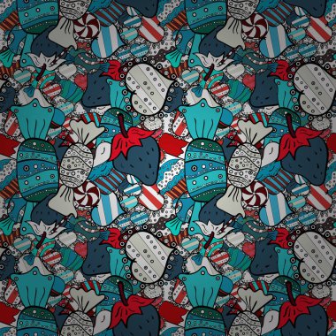 Vektör çizim. Siyah, mavi ve beyaz renk. Kağıt ambalaj. Dikişsiz desen tatlı tatlılar. Krem. Sonsuz desen, siyah, mavi ve beyaz arka plan.