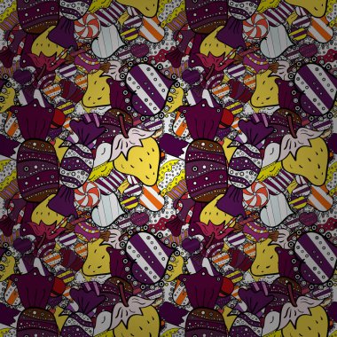 Kek ile Seamless modeli. Güzel Doğum günü mor, siyah ve beyaz arka plan. Vektör çizim. Kağıt ambalaj.