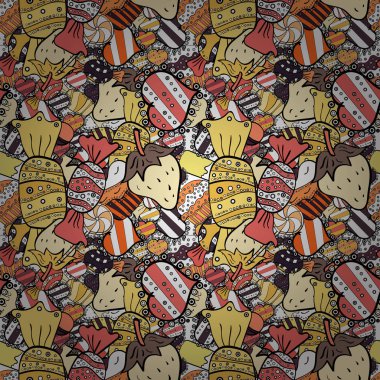 Güzel Doğum günü sarı, siyah ve beyaz arka plan. Vektör çizim. Kek ile Seamless modeli. Kağıt ambalaj.