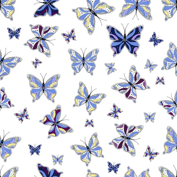 Hermosas Mariposas Coloridas Vuelan Caóticamente Colores Blanco Azul Negro Fondo — Vector de stock