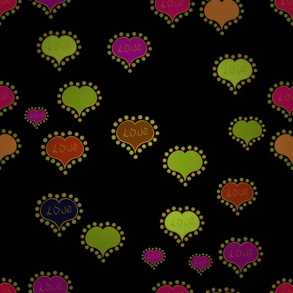 シンプルなシンプルな幾何学的なシームレスなテクスチャ バレンタインデーの背景 装飾のためのモダンなデザイン 背景に緑 黒と黄色の小さな心で微妙なベクトル パターン 愛のロマンチックなテーマ — ストックベクタ