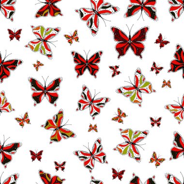 Gri, beyaz ve kırmızı soyut suluboya kelebekler içinde ihale deniz mavisi ile sorunsuz arka plan deseni. Vektör çizim. Sonsuz. Tekrar Yazdır.