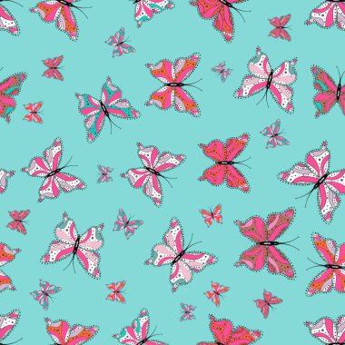 Güzel sorunsuz kelebek yinelemeli doku kontrast arka katmanda izole. Vektör çizimi. Yabani hayvanlar ve bitkiler böcek fauna zemin kapak için. Doğa kelebek tekrar Tema mavi, pembe ve beyaz renklerde.