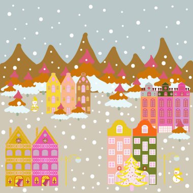 Nordic doğa manzara kavramı. Çocuklar kumaş, kumaş, kreş kroki için mükemmel. Çocukça desen ev ve ağaçları ile. Vektör. İskandinav tarzı tarafsız, kahverengi ve pembe renkler.