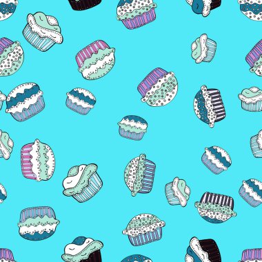 Parmak izi, dekorasyon, kumaş için doku. Vektör. Muffin tatlı doku arka plan. Cupcake seamless modeli. Renkli krem tatlı zemin üzerinde mavi, beyaz ve tarafsız.