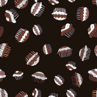 Doğum günü kartı, ambalaj, tekstil, kumaş, kroki çocuk menüsü için kullanabilirsiniz. Gri, beyaz ve kahverengi renklerde izole. Vektör çizim. Tatlılar - Dondurma, top kek ile Seamless modeli