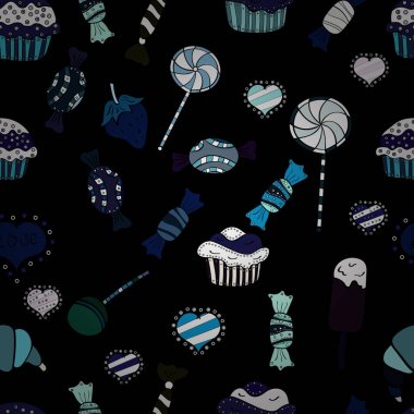 Vektör beyaz, siyah ve mavi şeker ile seamless modeli. Tekstil, kartlar, için tatlı web tasarım: lezzetli gerçekçi seamles arka plan: grafik fantastik şeker.