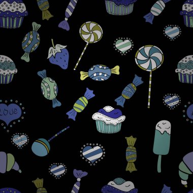Vektör çizim. Beyaz, siyah ve mavi renkler tatlı şeker seamless modeli.