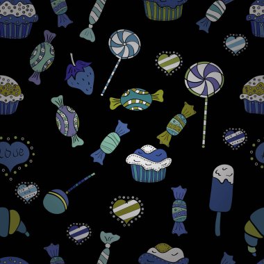 Vektör çizim. Dikişsiz desen suluboya tatlılar şekerlemeler ile elle çizilmiş bir mavi, siyah ve beyaz arka plan üzerinde izole..