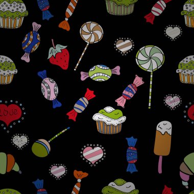 Vektör. Şekerler sorunsuz arka plan üzerinde. Siyah, beyaz ve nötr renkler suluboya resim.