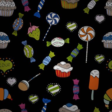 İzole. Sevimli ve renkli şeker tatlı seamless modeli yeşil, siyah ve beyaz arka plan üzerinde. Vektör çizim. Yeşil, siyah beyaz versiyonu.