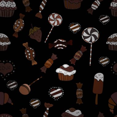 Şekerler sorunsuz arka plan üzerinde. Vektör. Beyaz, kahverengi ve siyah renkler suluboya resim.