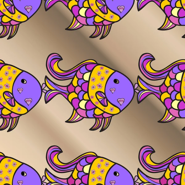 Vector Illustration Gradient Cute Pattern Different Tropical Fish Beige Violet — Stock Vector