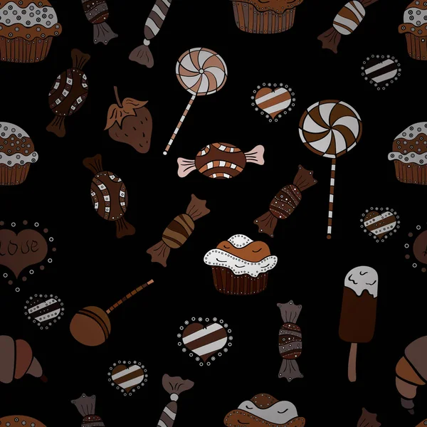 Vektorillustration Nahtloses Muster Süßer Bonbons Auf Braunen Weißen Und Schwarzen — Stockvektor