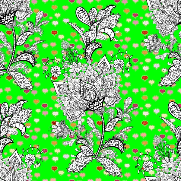 Doodles Negro Verde Blanco Sobre Los Colores Vector Inconsútil Patrón — Vector de stock