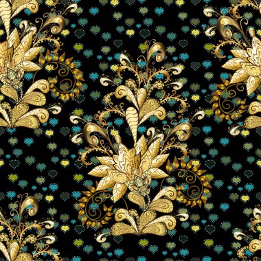 Tropik çiçekler. Gömlek sorunsuz arka plan deseni. Siyah, kahverengi ve sarı renkler çiçekler.