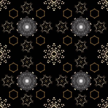 Damasko Dikişsiz desen tasarımı için. Vektör seamless modeli altın elemanları ile siyah renkler.