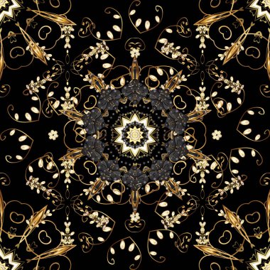 Vektör çizim. Gri, siyah ve kahverengi renkleri altın elemanları ile altın seamless modeli. Vektör arka plan öğeleri tekrarlayan olan. Damasko klasik altın Dikişsiz desen.