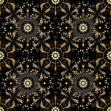 Altın Siyah, kahverengi ve bej renkler. Dekoratif simetri arabesk. Vektör çizim. Doğum günü, davet veya afiş için tebrik kartı için iyi. Dikişsiz Ortaçağ çiçek Kraliyet desen.