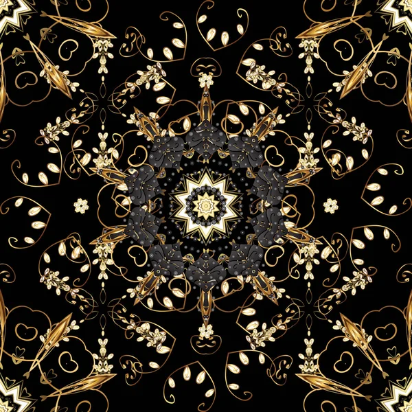 ベクトルの図 黄金の要素とグレー 黒と茶色の色の黄金のシームレスなパターン 繰り返しのある要素とベクトルの抽象的な背景 シームレスな ダマスク クラシック黄金パターン — ストックベクタ