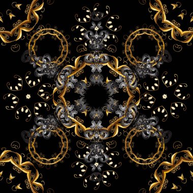 Noel, kar tanesi, yeni yıl 2019. Siyah renkleri altın elemanları ile sorunsuz vintage desen.