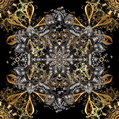 Vektör altın çiçek süsleme brokar Tekstil ve cam desen. Çiçek desenli altın metal. Siyah renkleri altın elemanları ile. Dikişsiz altın desen.