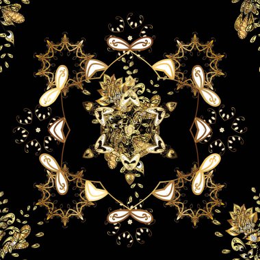 Sarı, siyah ve kahverengi renkleri altın. Vektör çizim. Dekoratif simetri arabesk. Dikişsiz Ortaçağ çiçek Kraliyet desen. İyi Doğum günü, davet veya afiş için tebrik kartı.