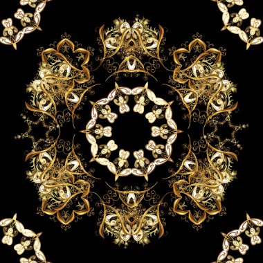 Kına dövme, altın çıkartmalar, tasarım, mehndi ve yoga ile süs çiçek öğeleri kartları ve yazdırır. Sarı renk desen. Vektör altın mehndi seamless modeli.