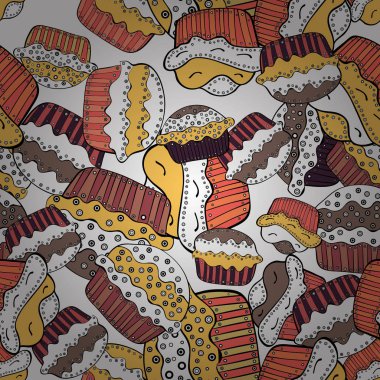 Dikişsiz desen siyah, beyaz ve sarı elle çizilmiş lezzetli kekler. Güzel yemek tasarım öğeleri, baskılar ve desenler için mükemmel. Vektör çizim.