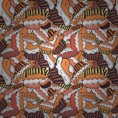 Vektör. Tatlılar - Dondurma, tatlı turuncu, siyah ve beyaz zemin üzerine izole kek ile Seamless modeli. Doğum günü kartı, ambalaj, tekstil, kumaş, kroki çocuk menüsü için kullanabilirsiniz.