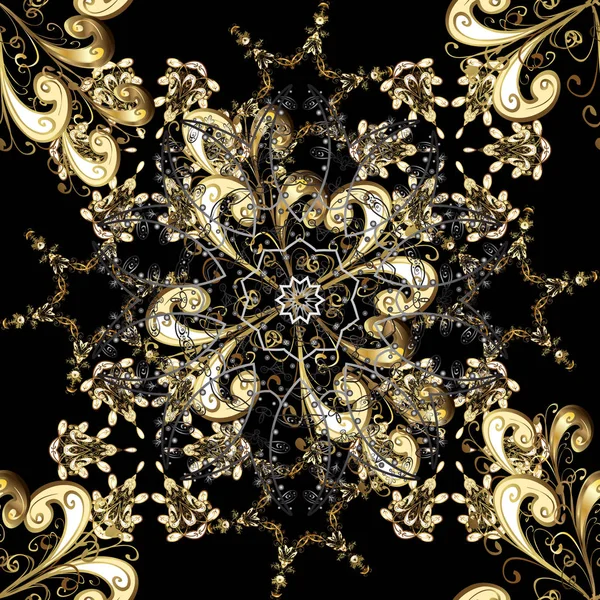 スタイリッシュなグラフィック パターン スケッチ バロック ダマスク織 グレー 黒とベージュ色の黄金の要素 シームレスなベクトルの背景 — ストックベクタ