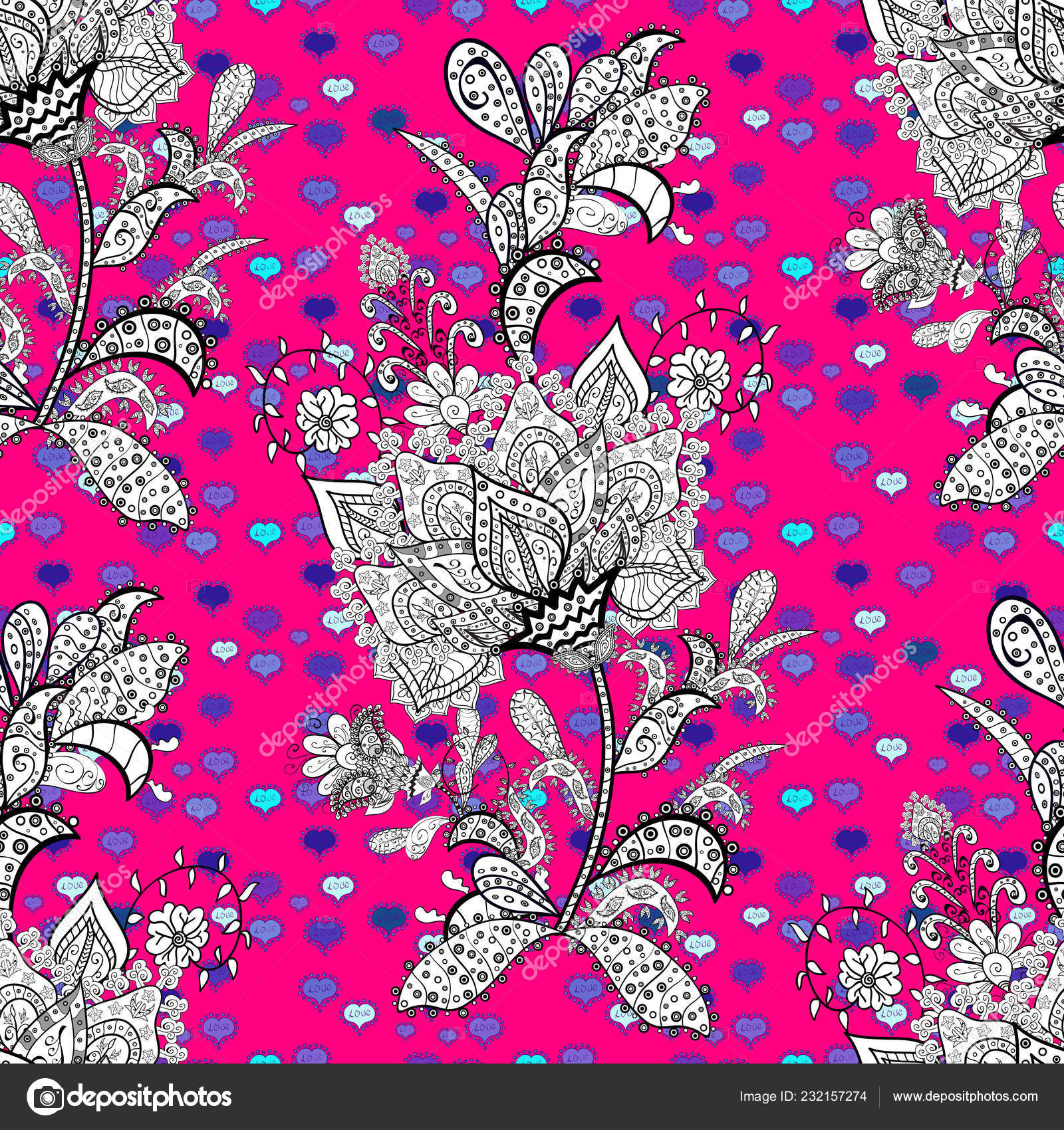 Magenta Bianco Nero Riccio Fiori Forme Sui Colori Magenta
