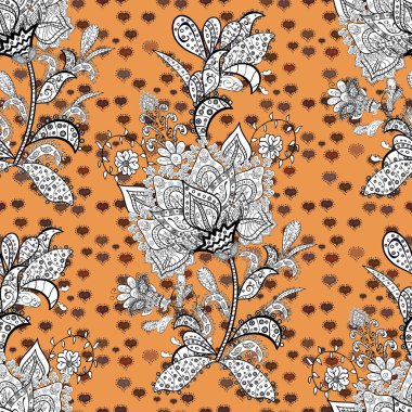 Vektör çizim. Dikişsiz düz siyah, turuncu ve beyaz renk arka plan üzerinde soyut karalamalar ile tasarım. Renkli desen.
