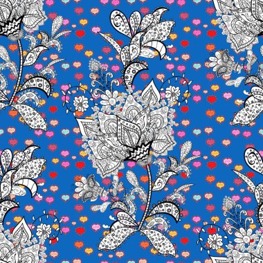 Mavi, beyaz ve siyah renkler vektör çizim görüntüler. Dikişsiz desen zarif dekoratif süsleme moda için baskı, karalama defteri, ambalaj kağıdı, kroki.